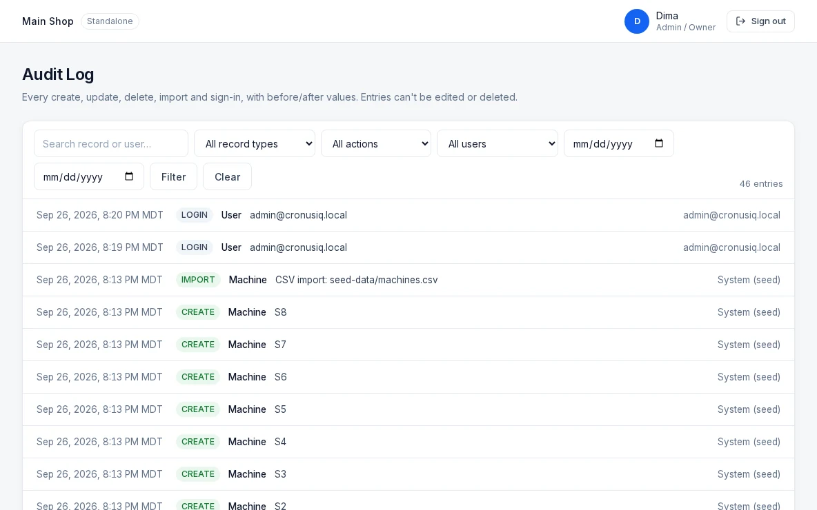 CronusIQ ERP — Audit log