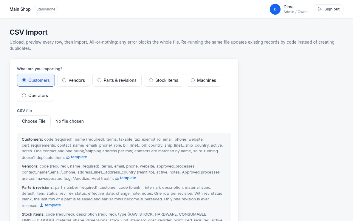 CronusIQ ERP — CSV import