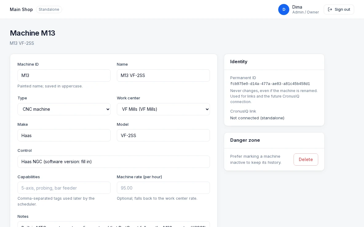 CronusIQ ERP — Machine detail