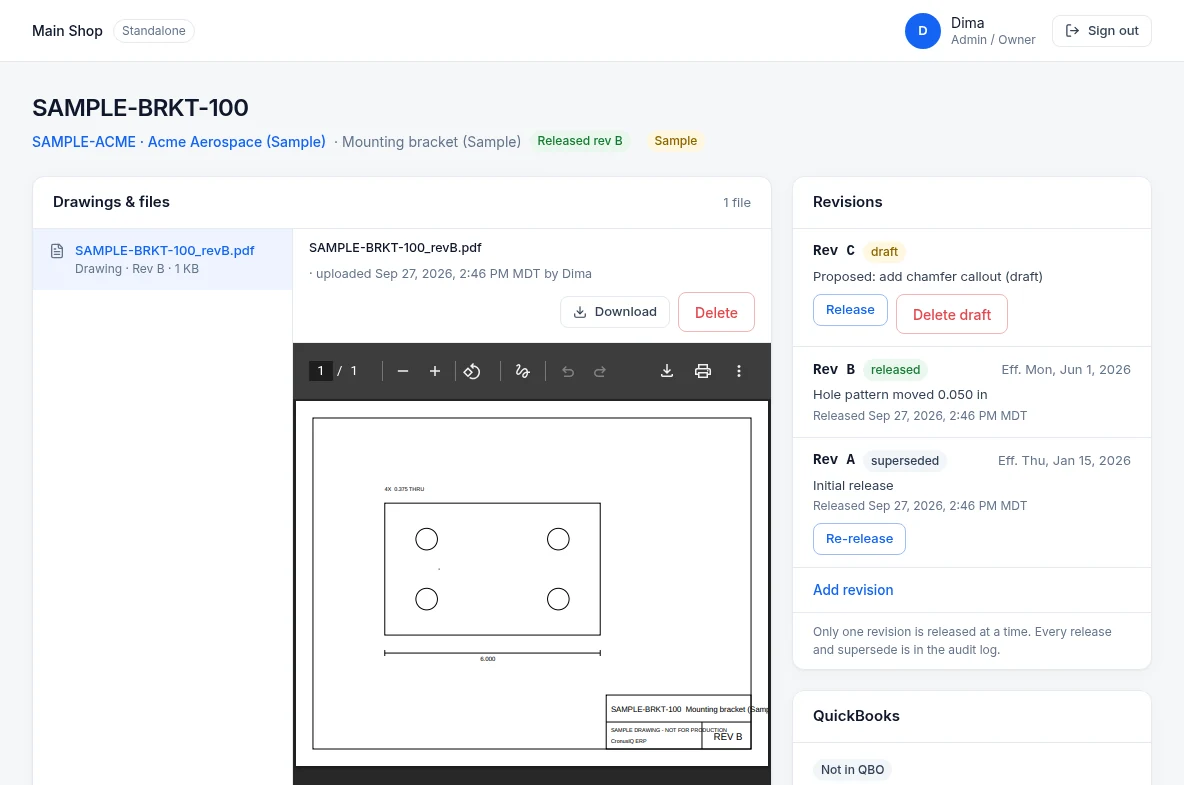 CronusIQ ERP — Parts, revisions & drawings